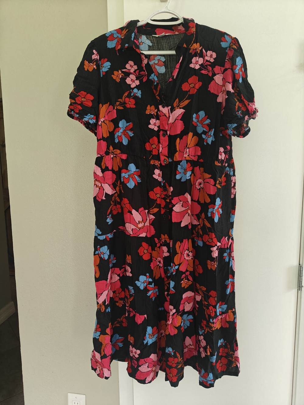 Time and Tru Black Midi Dress with Pink, Red-Orange & Blue Floral Print